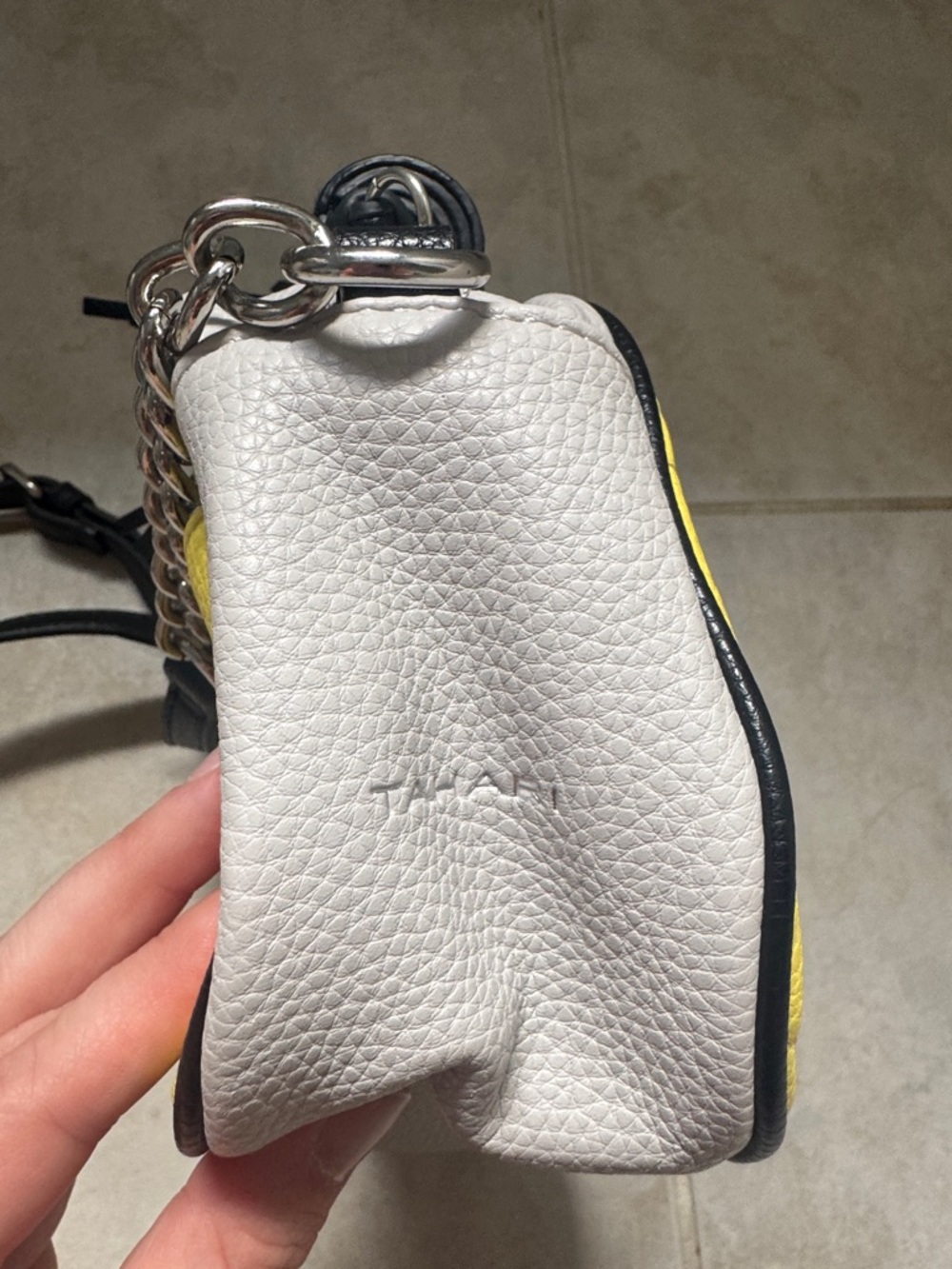 Tahari Yellow and White Crossbody Bag with Black Trim and Tassel - Picture 2 of 6